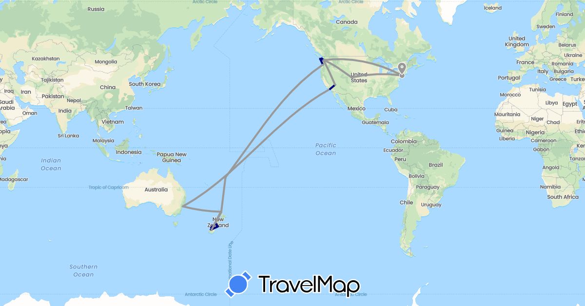 TravelMap itinerary: driving, plane in Australia, Fiji, New Zealand, United States (North America, Oceania)
